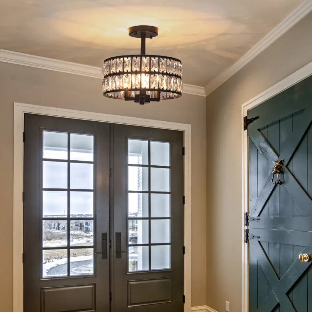 Crystal drum semi flush ceiling light black finish