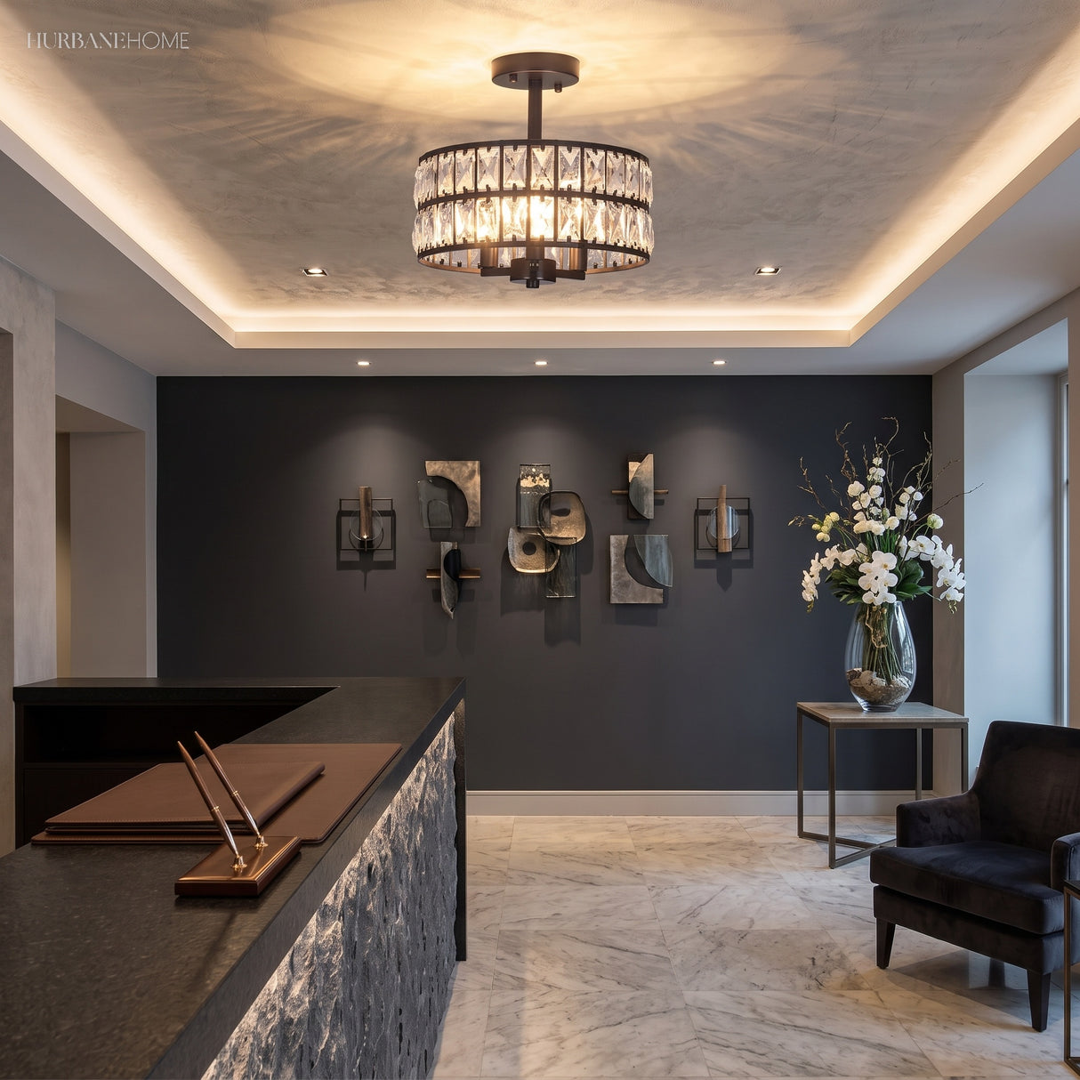 Black crystal drum semi flush light in a modern entryway