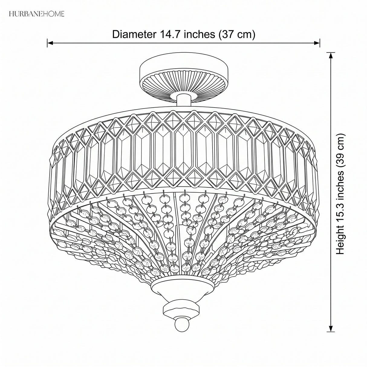 Dimensions diagram showing 14.7 inch diameter and 15.3 inch height