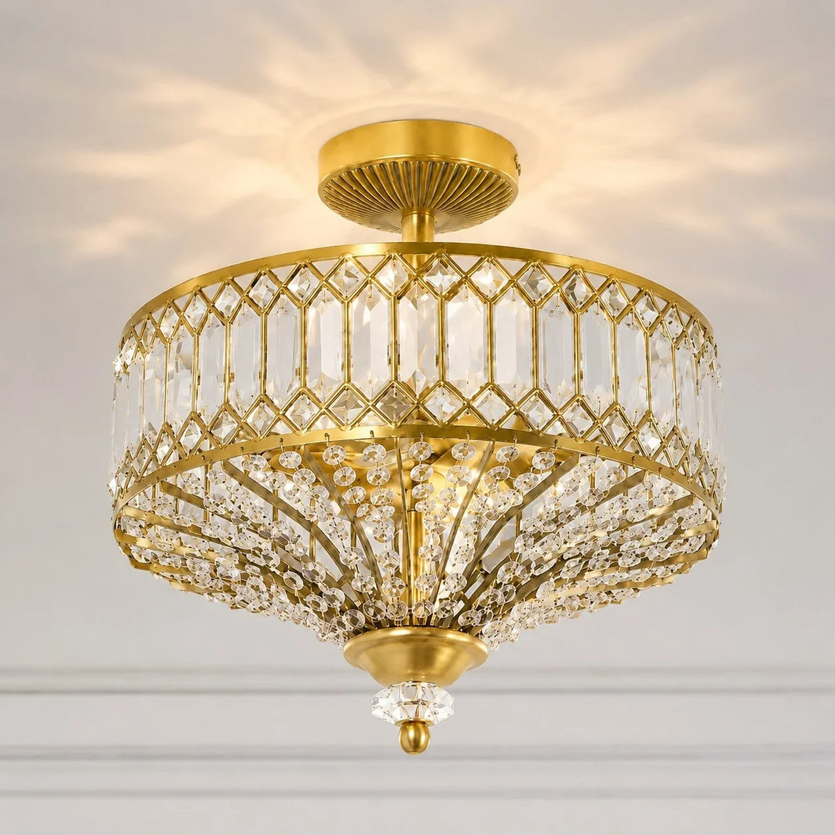Crystal drum semi flush ceiling light gold finish