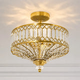 Crystal drum semi flush ceiling light gold finish