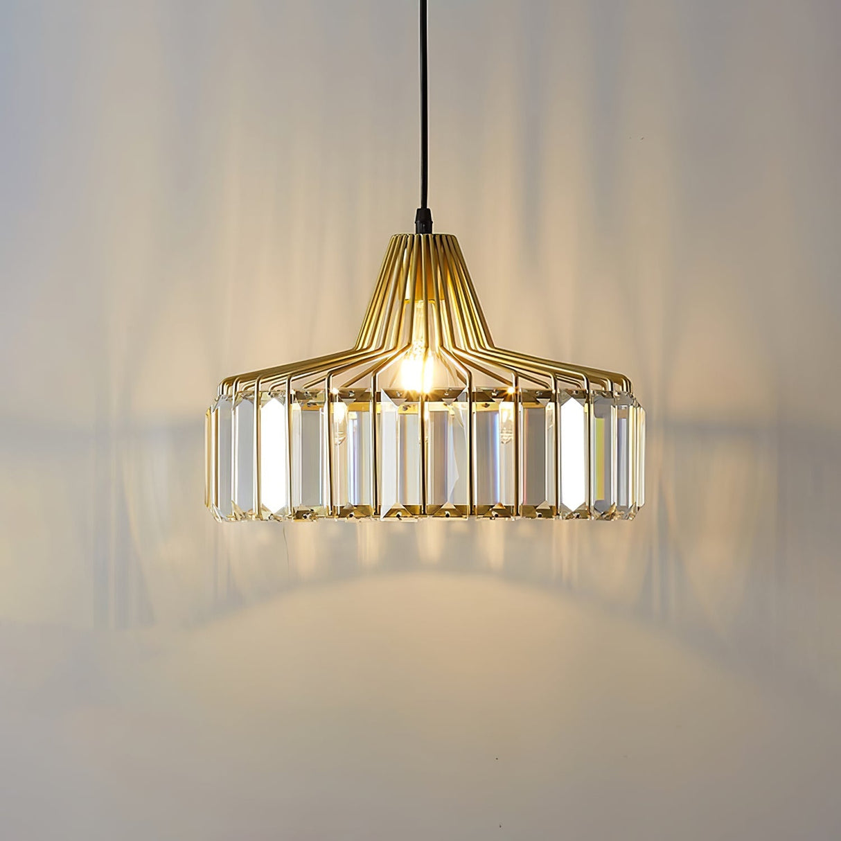 Crystal drum pendant light shown as a plain product view