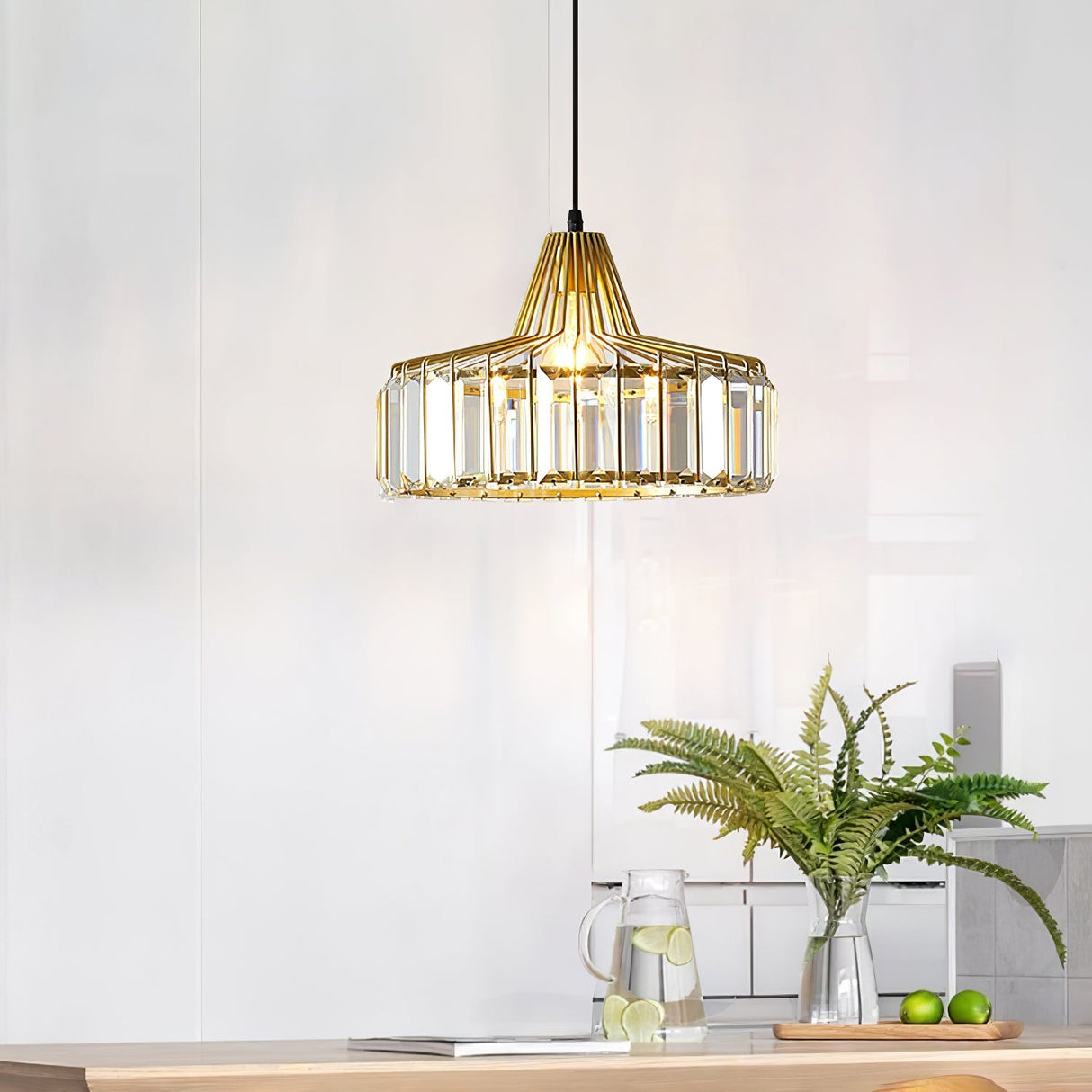 Detail of faceted crystal bars set into a pendant light frame