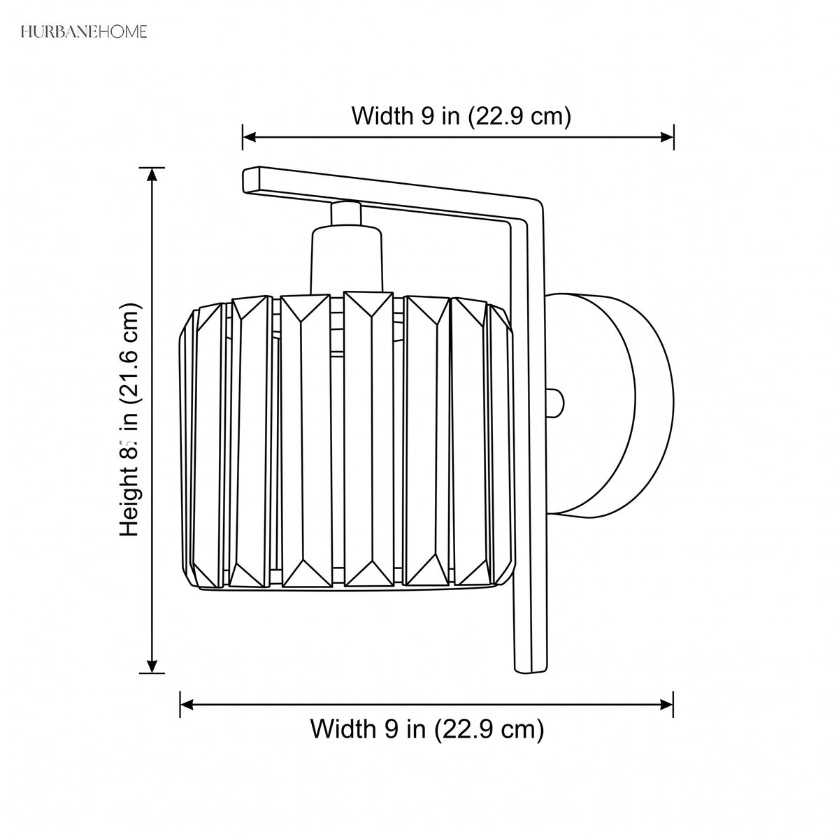 Line drawing of the sconce, 9 in wide and 8 in high