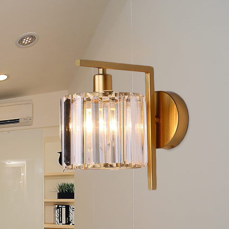 Crystal column sconce lit in a bright kitchen corner by a shelf