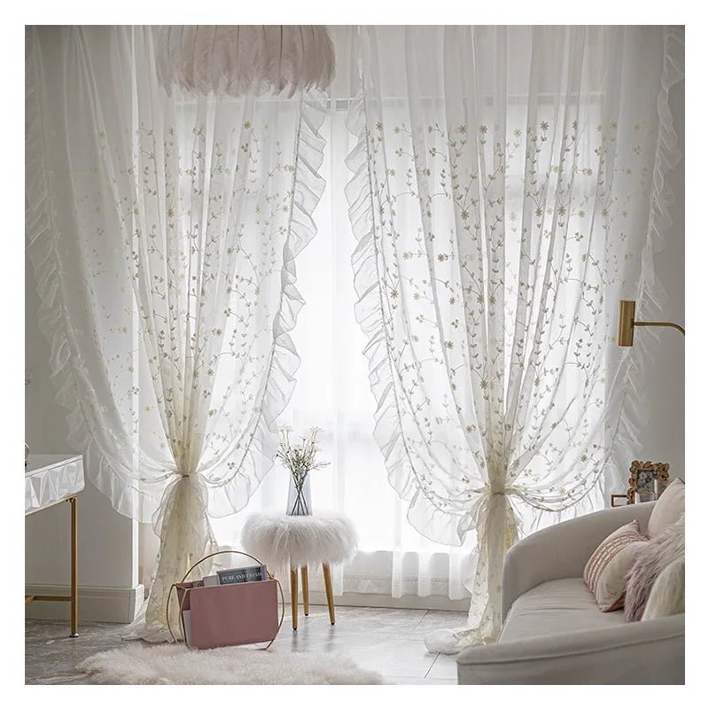 Curtains Sheers and Panels – White Embroidered Floral Tulle Window Drapes - Hurbane Home