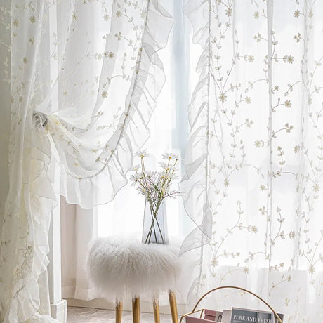 Curtains Sheers and Panels – White Embroidered Floral Tulle Window Drapes - Hurbane Home