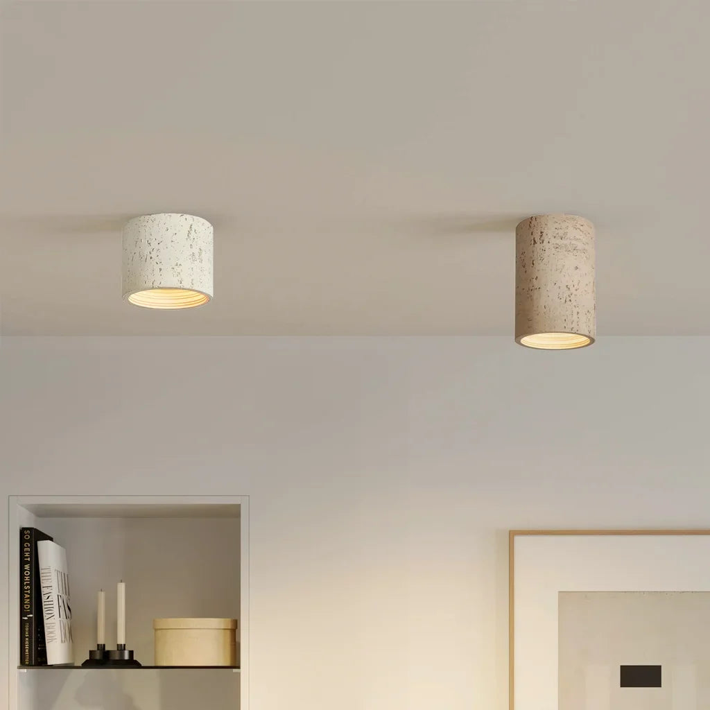 Cylindrical flush mount ceiling light shown from a low front angle