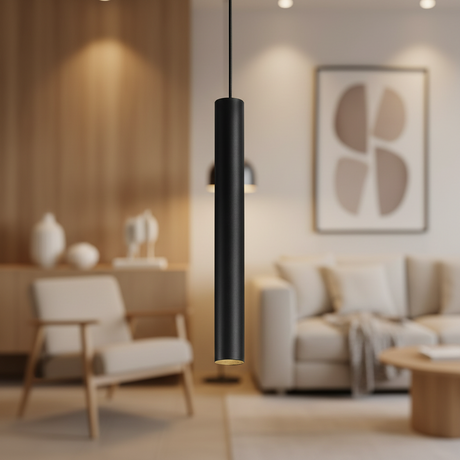 Single black tube pendant shown against a plain white backdrop