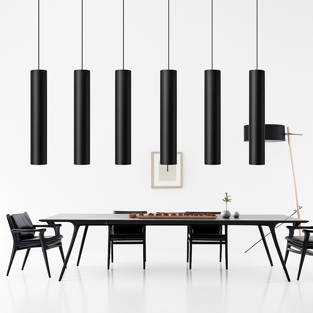Six black tube pendants above a dark dining table and chairs