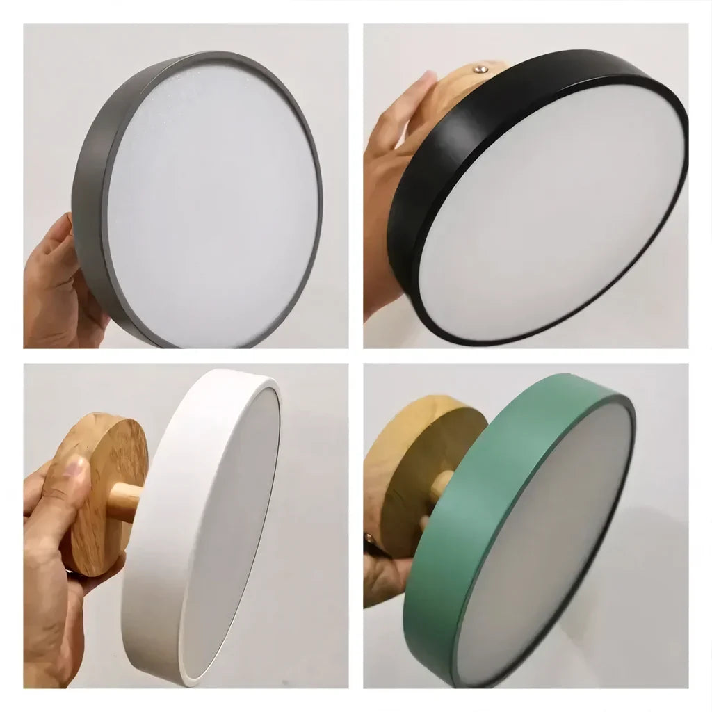 Close-up detail of the wood drum and frosted diffuser on the ceiling light