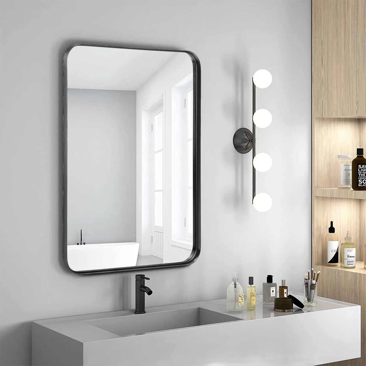 Matte black mirror frame with brushed metal finish