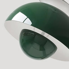 Detail of the domed cap and orb base of the metal bud pendant light