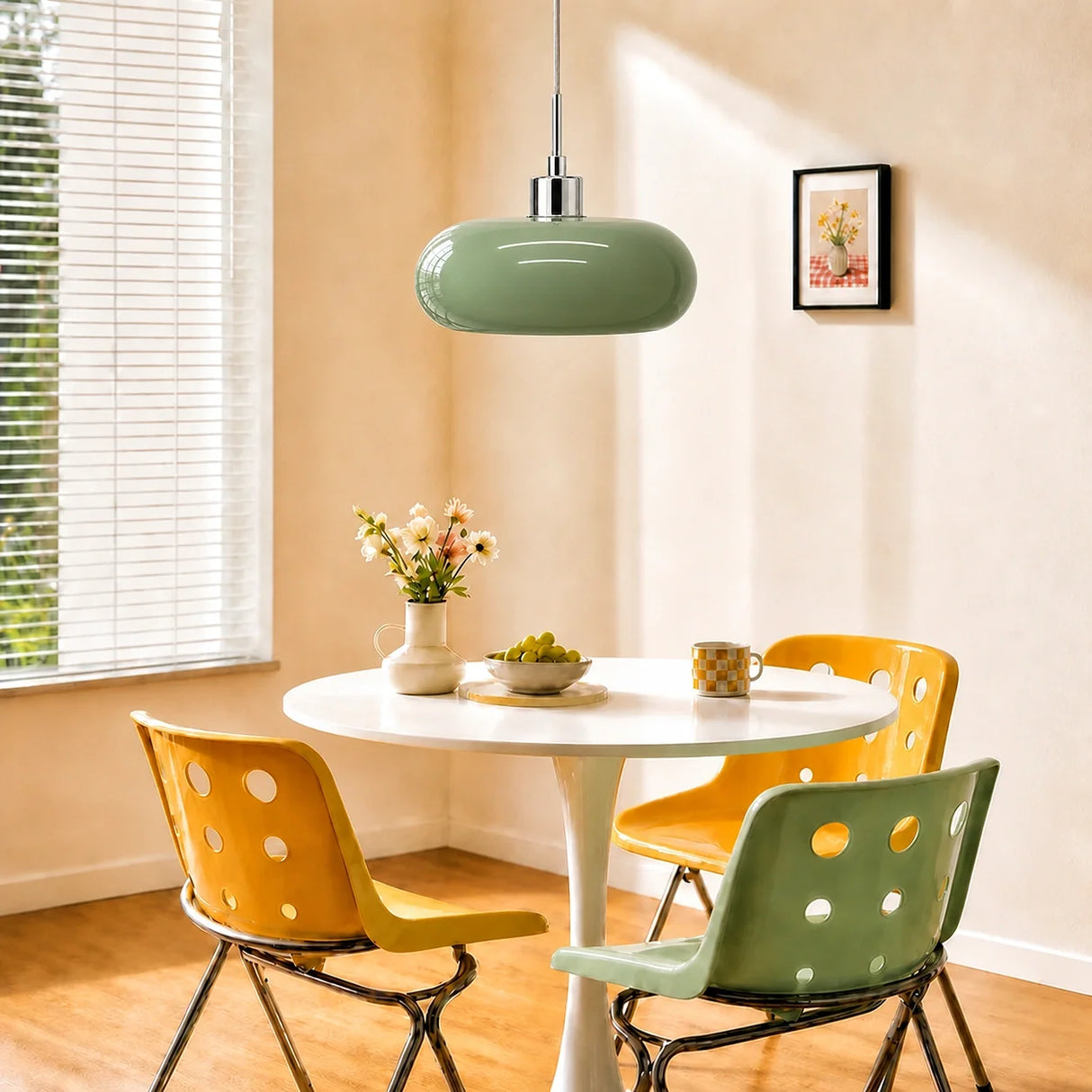 Green glass pendant light over a white dining nook with yellow chairs