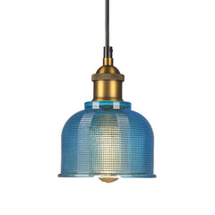 Blue gridded glass bell shade with a brass socket, shown unlit