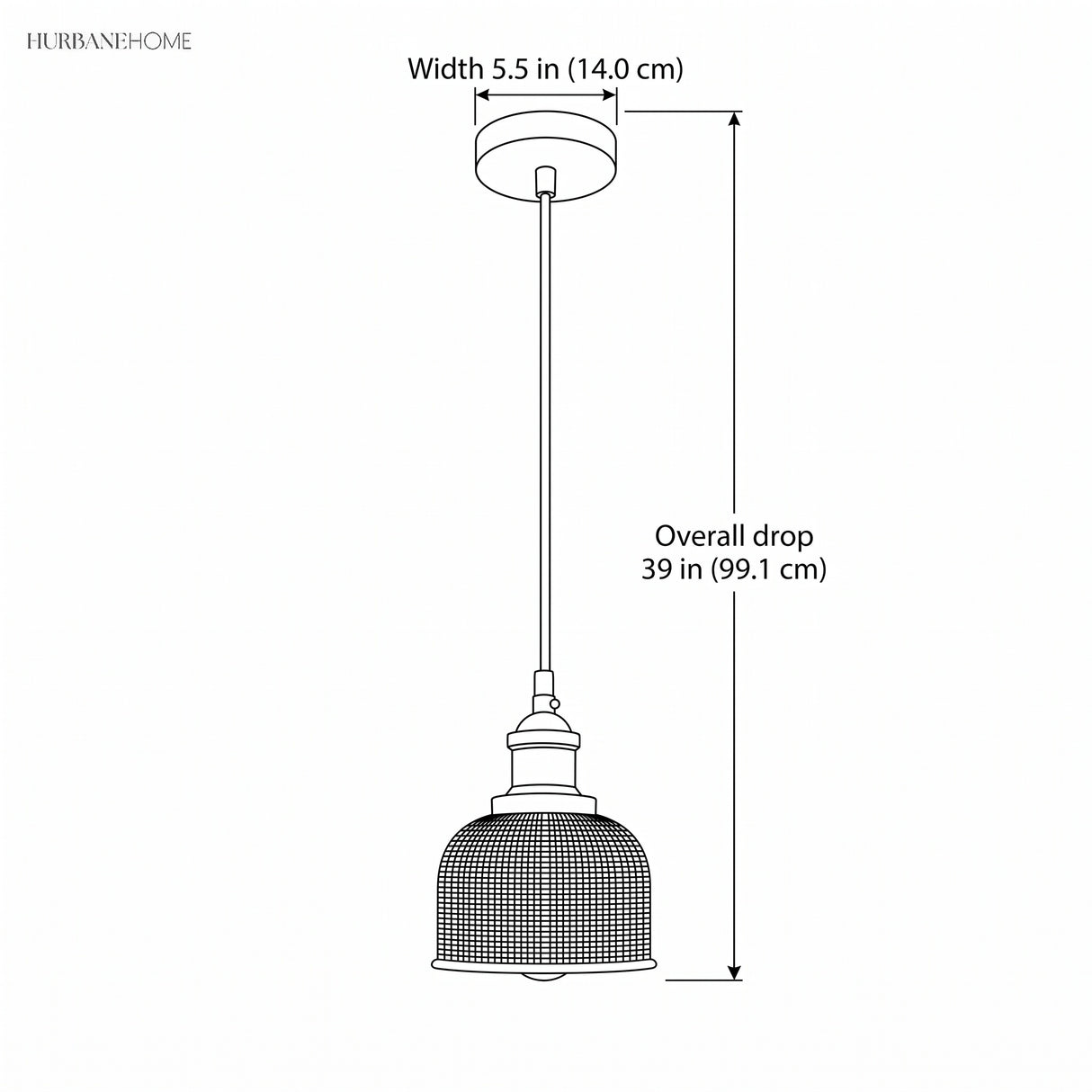 Line drawing of the pendant, 5.5 in wide with a 39 in overall drop