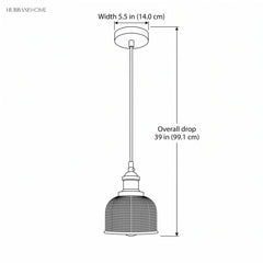 Line drawing of the pendant, 5.5 in wide with a 39 in overall drop