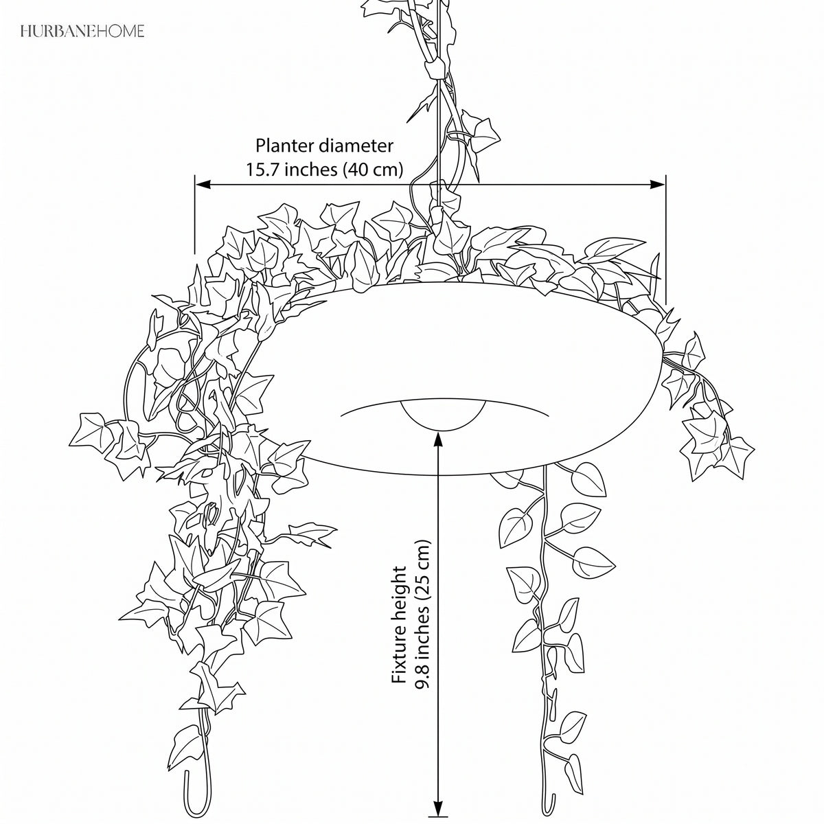 Line drawing showing the 15.7 in planter diameter and 9.8 in height