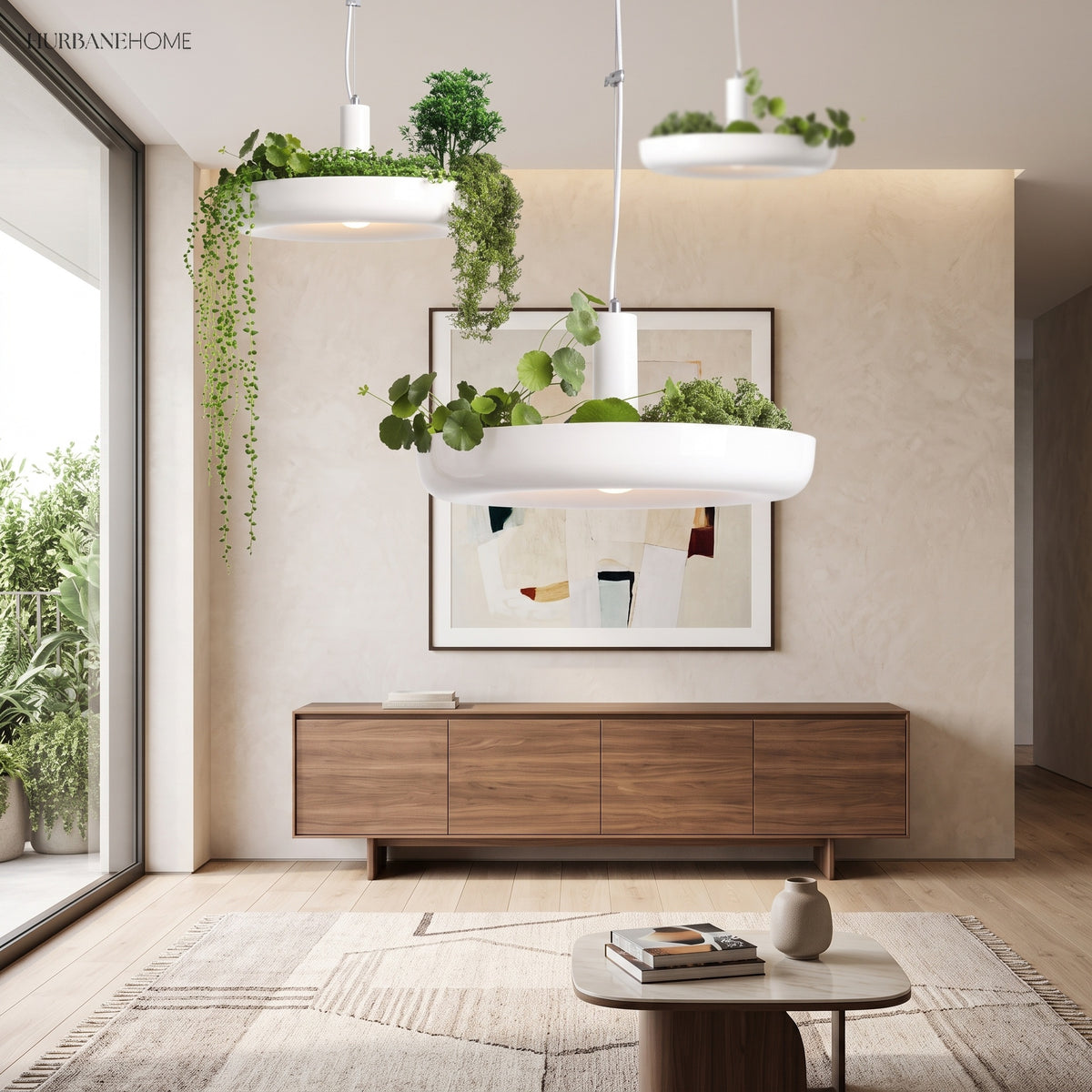 Planter pendant with herbs lit above a walnut sideboard