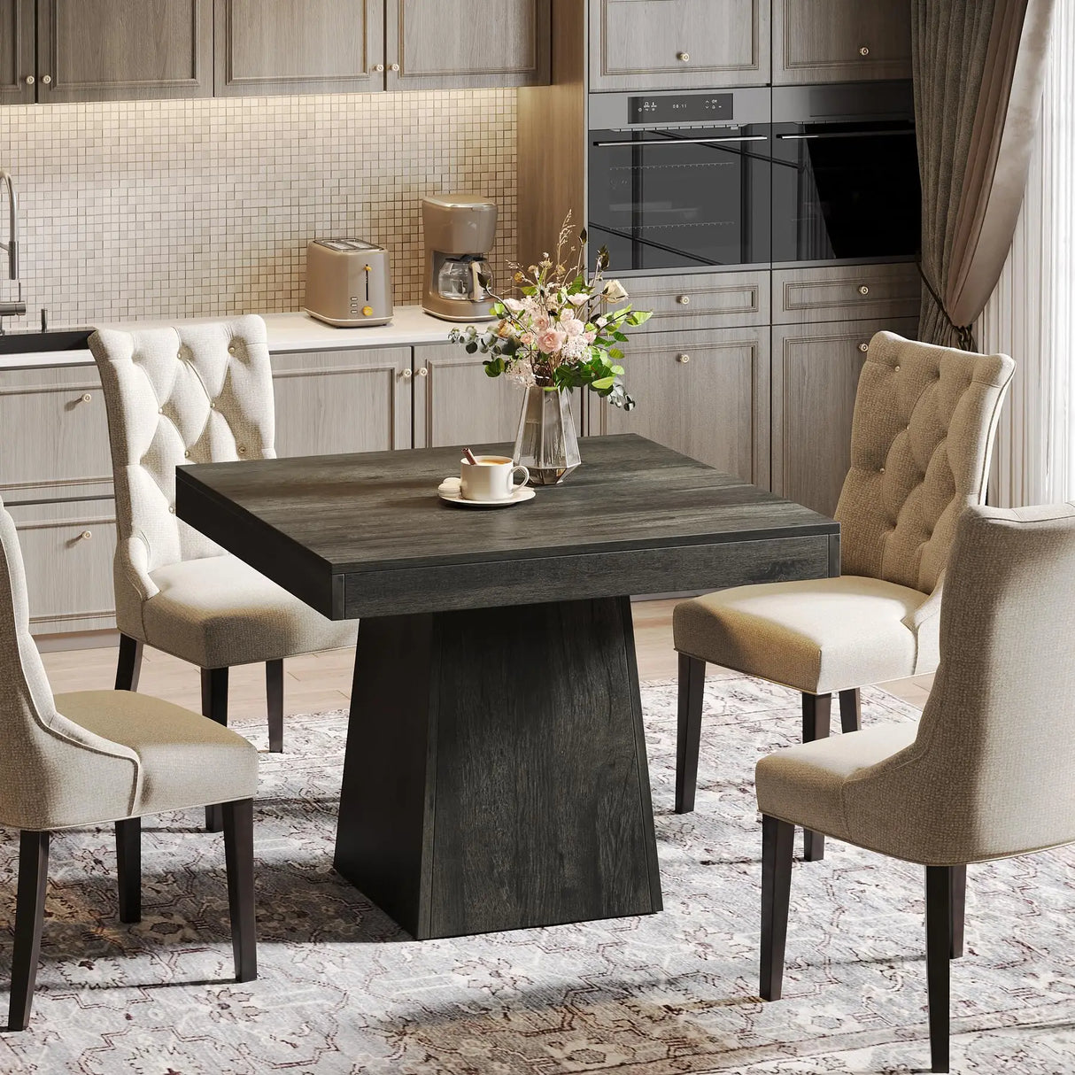 dining room table pedestals supporting compact layout