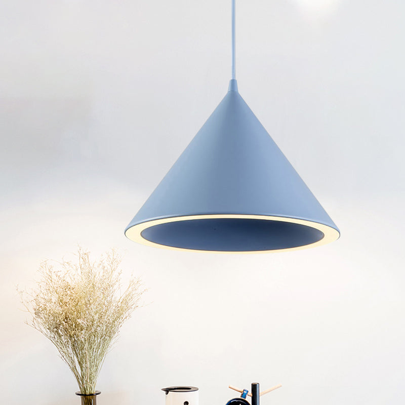 Blue cone pendant lit above dried grasses in a bright room