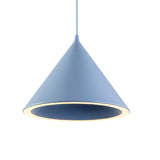 Blue cone pendant shade shown lit from below on plain white