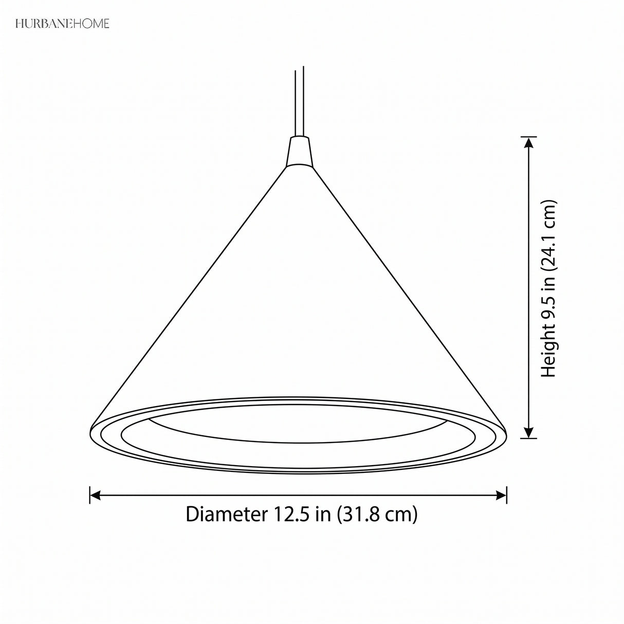 Line drawing of the pendant, 12.5 in diameter and 9.5 in high