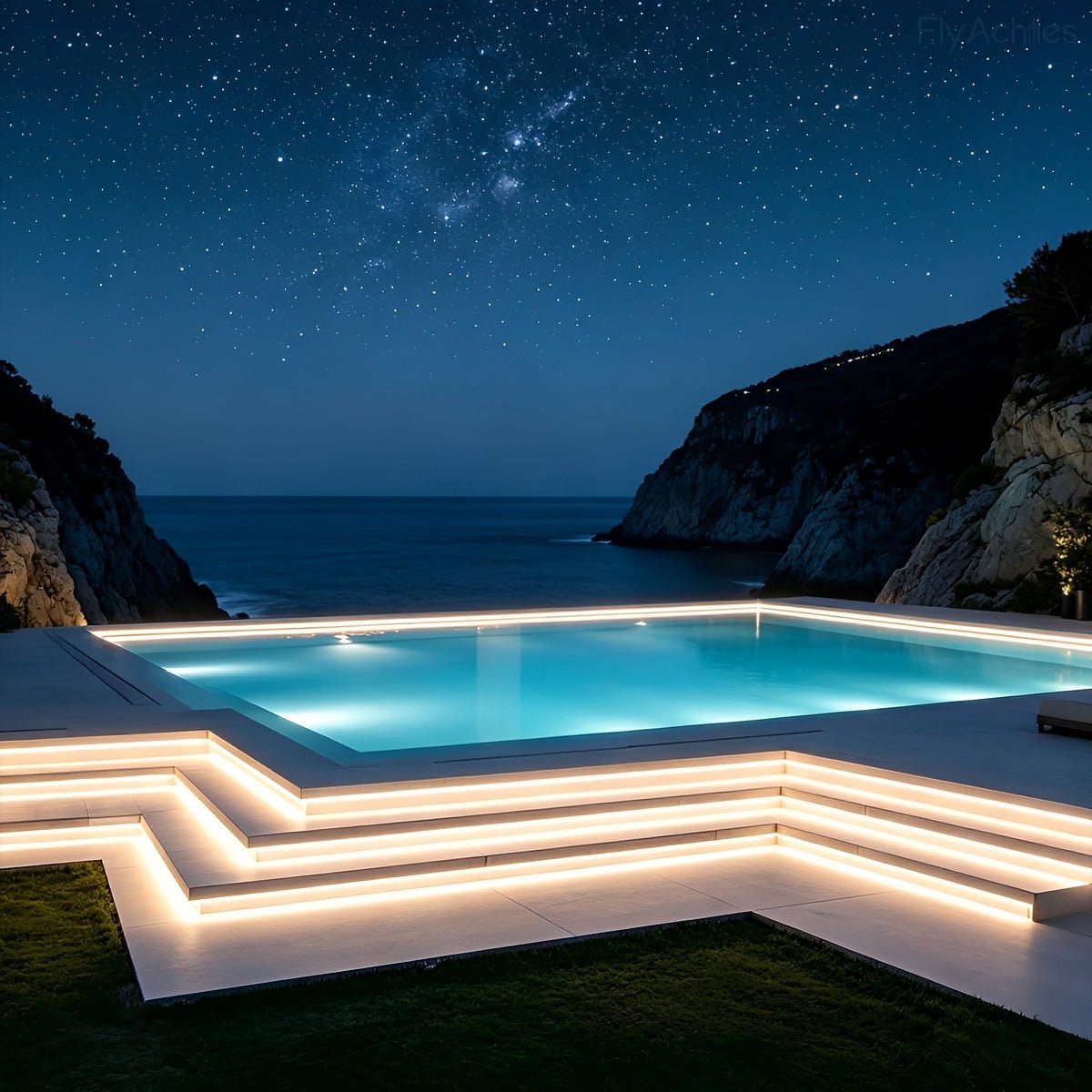Poolside terrace at night with strip lighting along the steps and edging