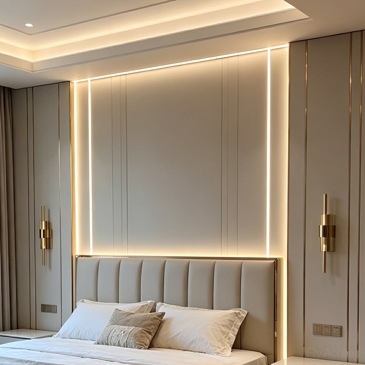 Hotel style bedroom with strip lighting framing the headboard panel