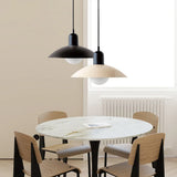 Black dome pendant light with white glass globe on a plain background