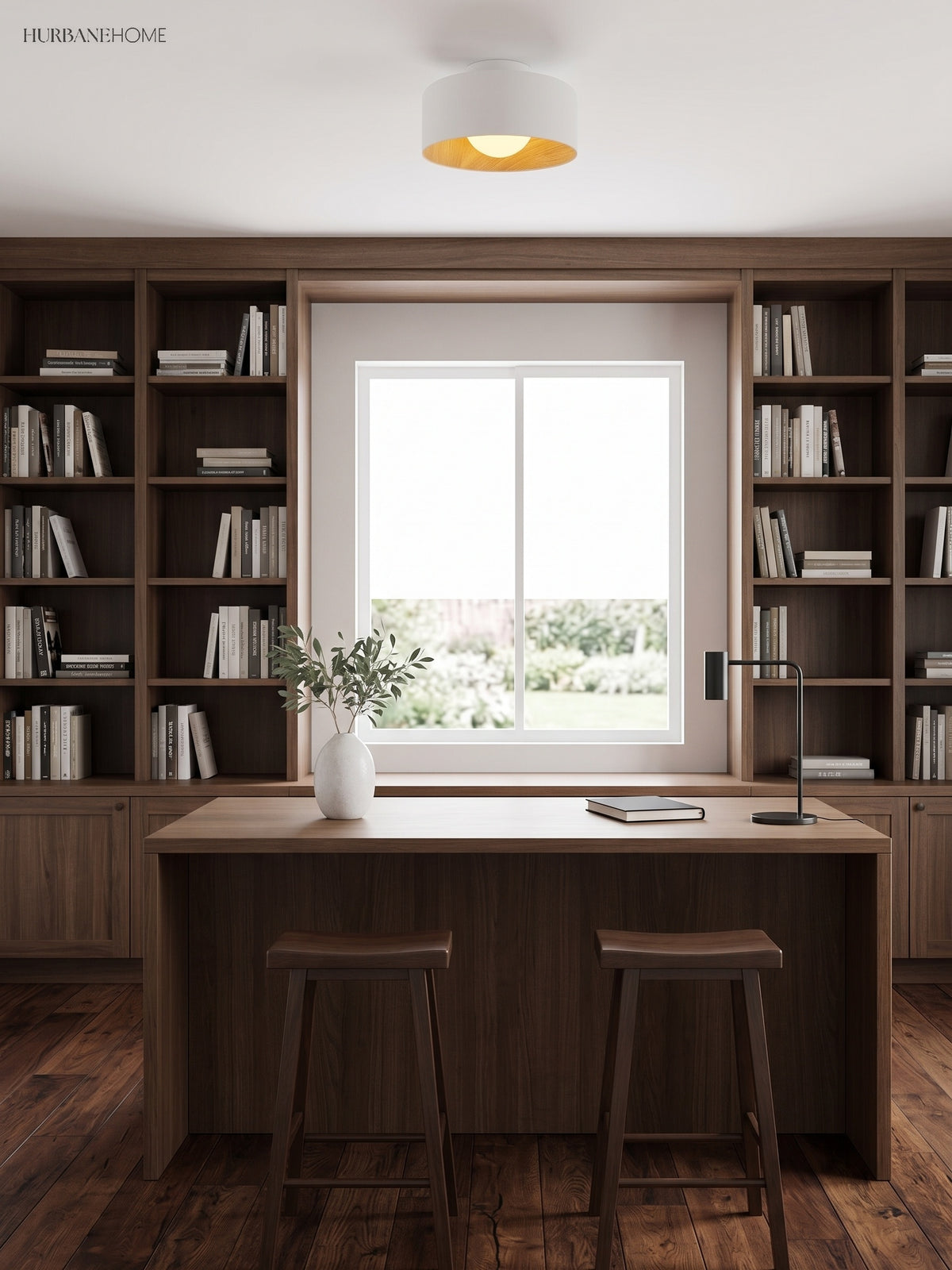 Drum flush mount ceiling light with wood grain interior close detail view 2
