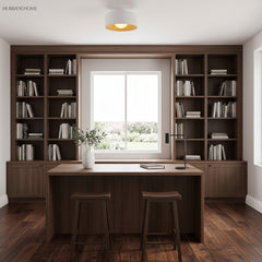 Drum flush mount ceiling light with wood grain interior close detail view 2