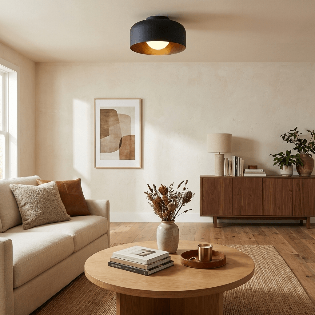 Drum flush mount ceiling light with wood grain interior supplementary product view 5