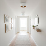 Drum flush mount ceiling light with wood grain interior close detail view 8