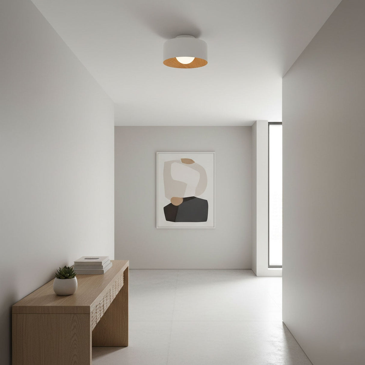 Drum flush mount ceiling light with wood grain interior alternative angle view 13