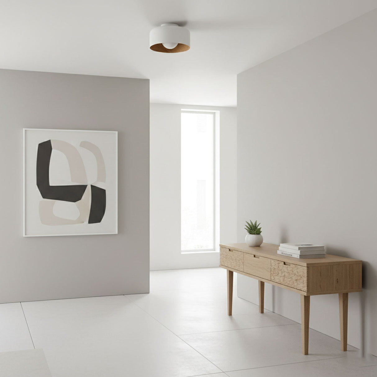 Drum flush mount ceiling light with wood grain interior close detail view 14