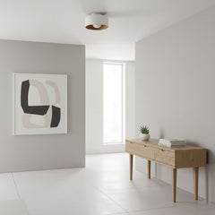 Drum flush mount ceiling light with wood grain interior close detail view 14