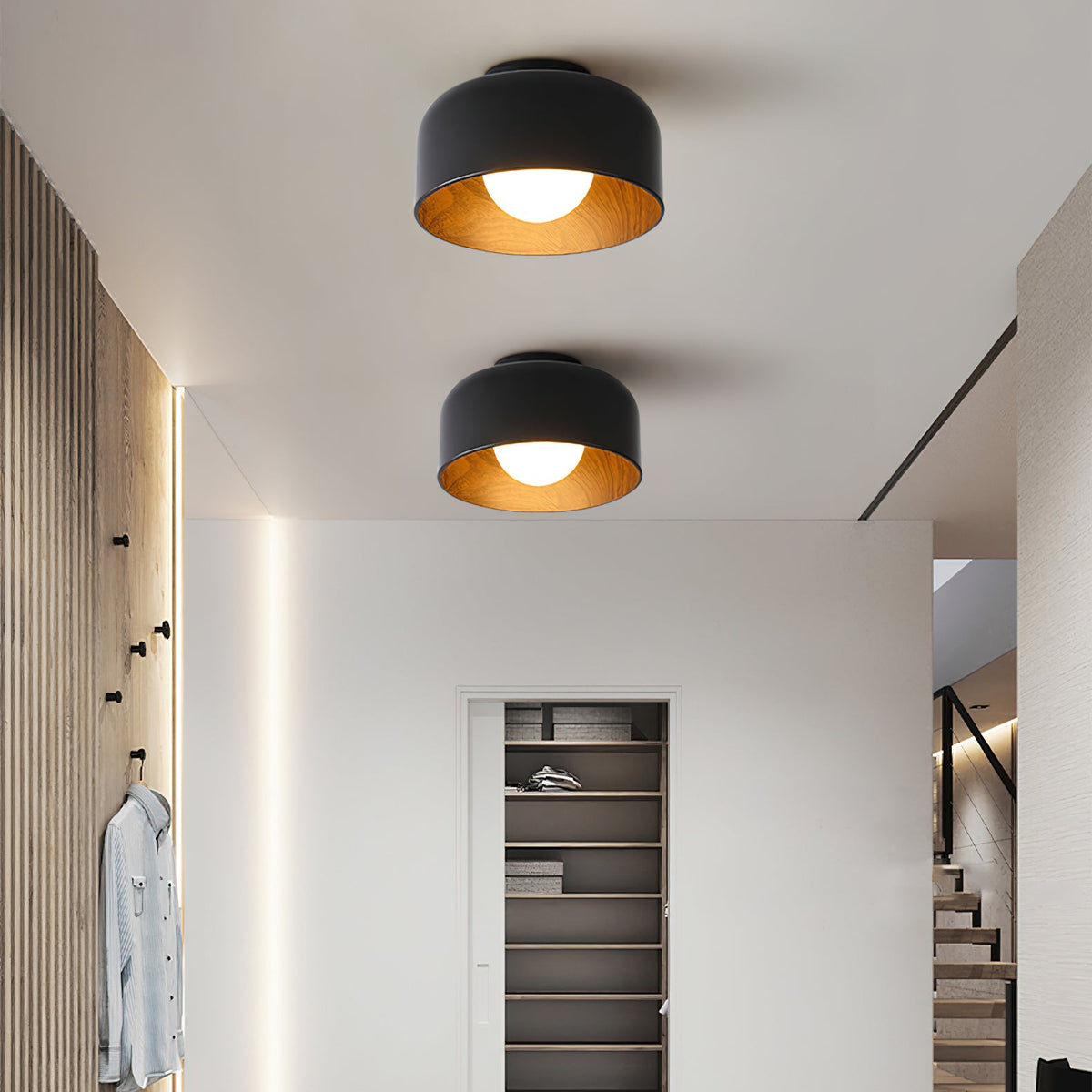 Drum flush mount ceiling light with wood grain interior colour option view 15