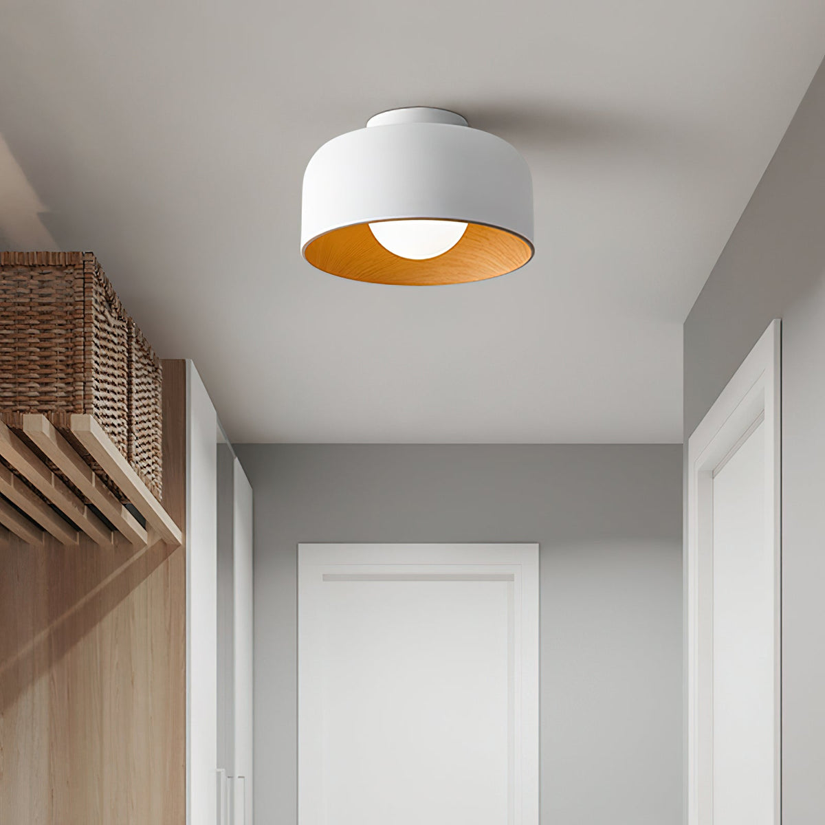 Drum flush mount ceiling light with wood grain interior further product image 16