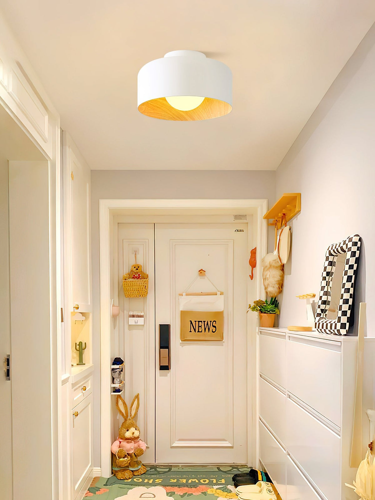 Drum flush mount ceiling light with wood grain interior alternative angle view 19