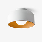 Drum flush mount ceiling light with wood grain interior close detail view 20