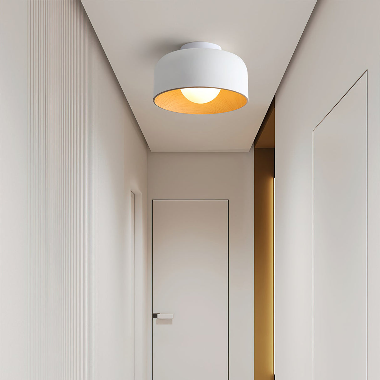Drum flush mount ceiling light with wood grain interior colour option view 21