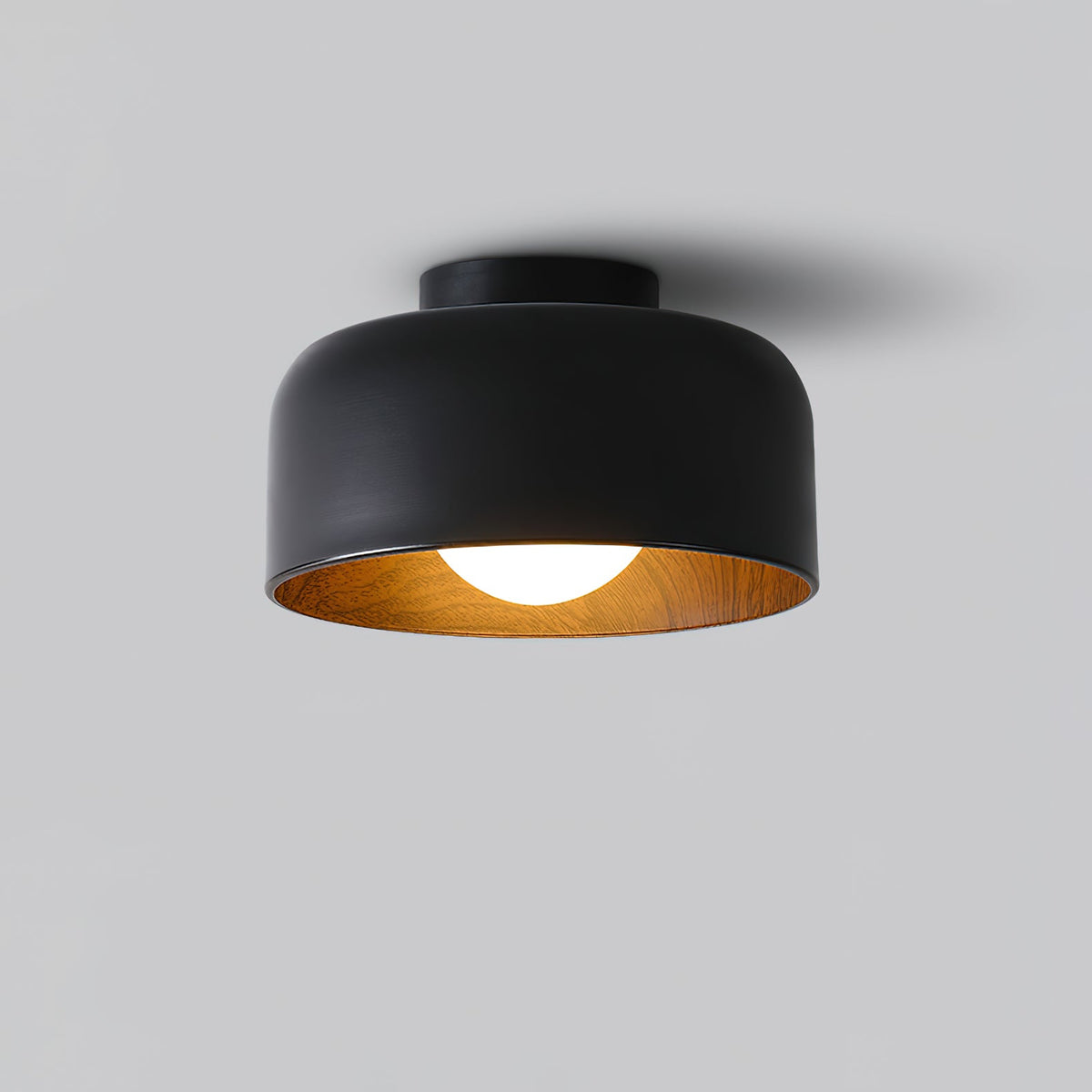 Drum flush mount ceiling light with wood grain interior close detail view 26