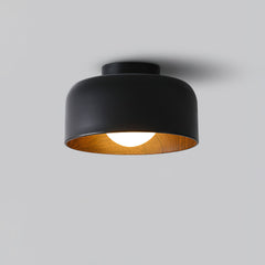Drum flush mount ceiling light with wood grain interior close detail view 26