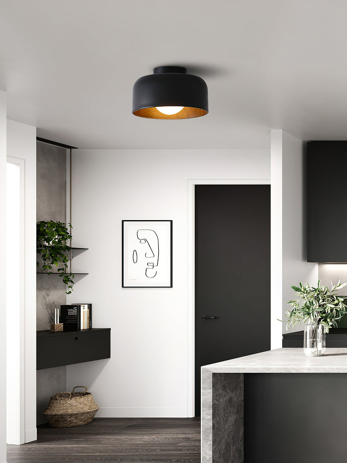 Drum flush mount ceiling light with wood grain interior alternative angle view 31