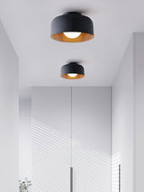 Drum flush mount ceiling light with wood grain interior close detail view 32