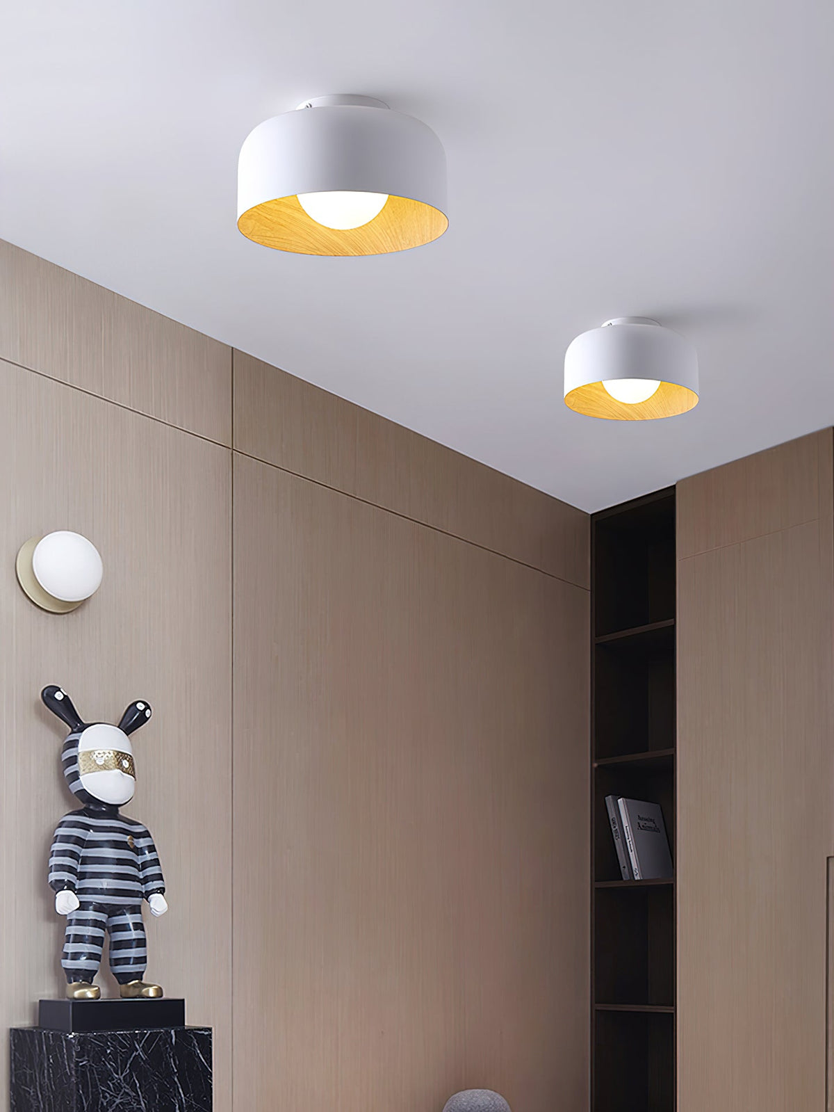 Drum flush mount ceiling light with wood grain interior further product image 34