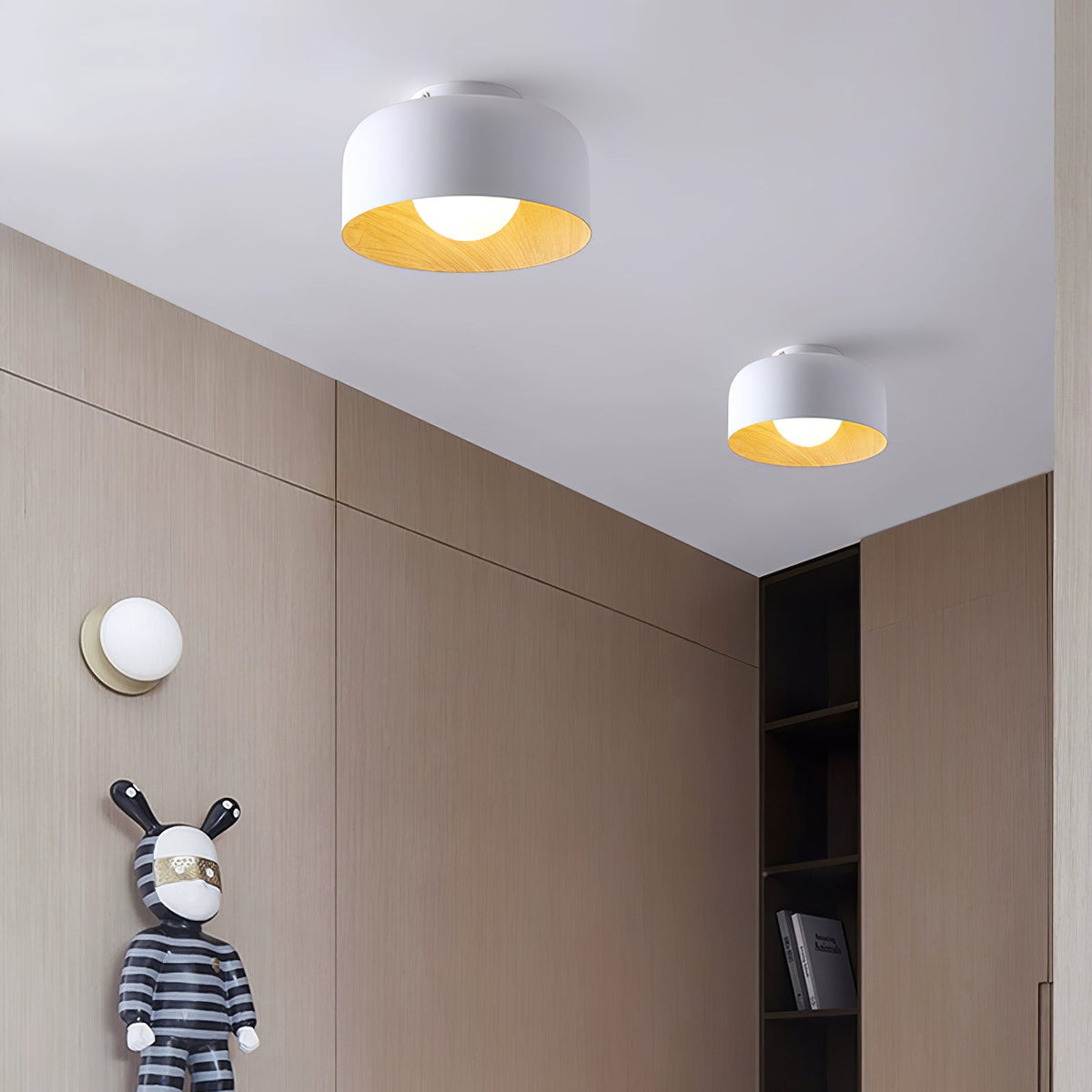 Drum flush mount ceiling light with wood grain interior alternative angle view 37