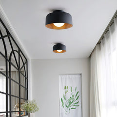 Drum flush mount ceiling light with wood grain interior close detail view 38