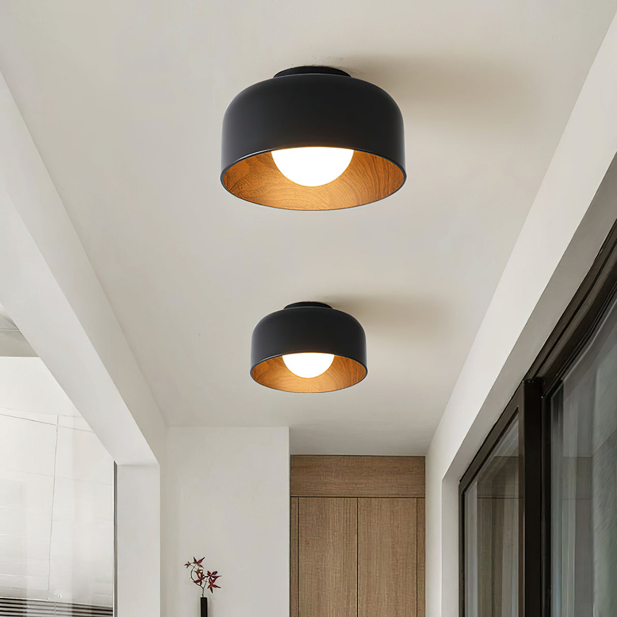 Drum flush mount ceiling light with wood grain interior alternative angle view 43